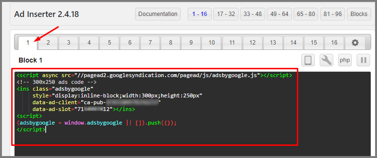 pasting adsense code into ad inserter block